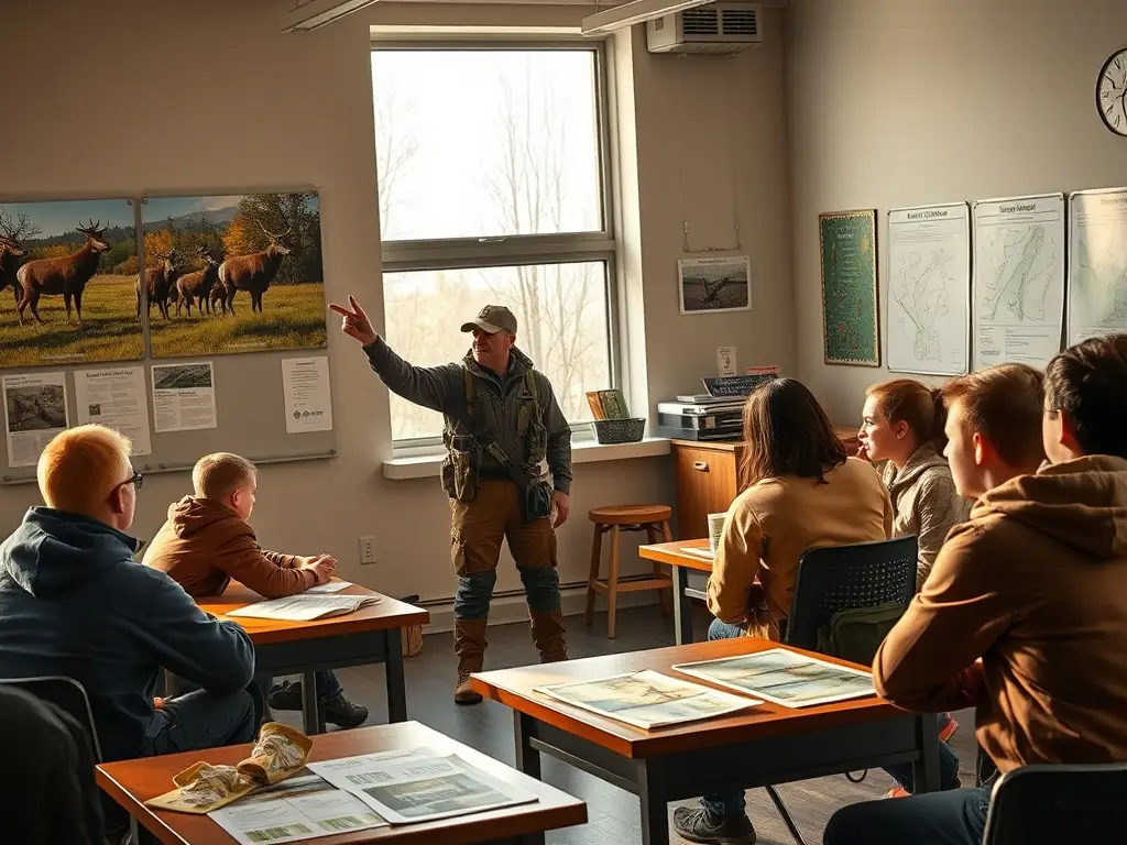 A classroom setting where experienced hunters are teaching young people about wildlife conservation, ethical hunting practices, and the importance of respecting nature, with a focus on community engagement.