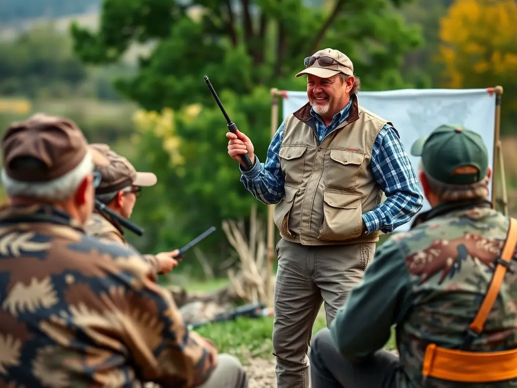 An image depicting a wildlife expert leading a workshop on ethical hunting practices for local hunters.