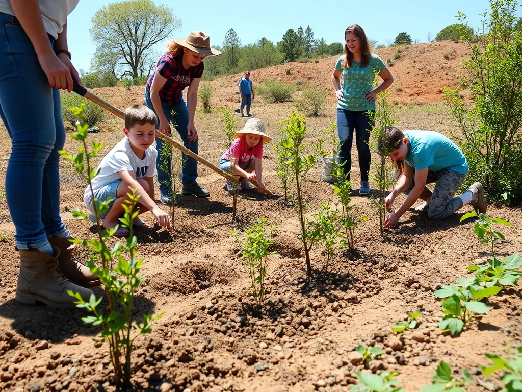 Volunteers planting native trees and shrubs in a deforested area, restoring habitat for local wildlife and enhancing biodiversity, with a focus on long-term ecological sustainability.