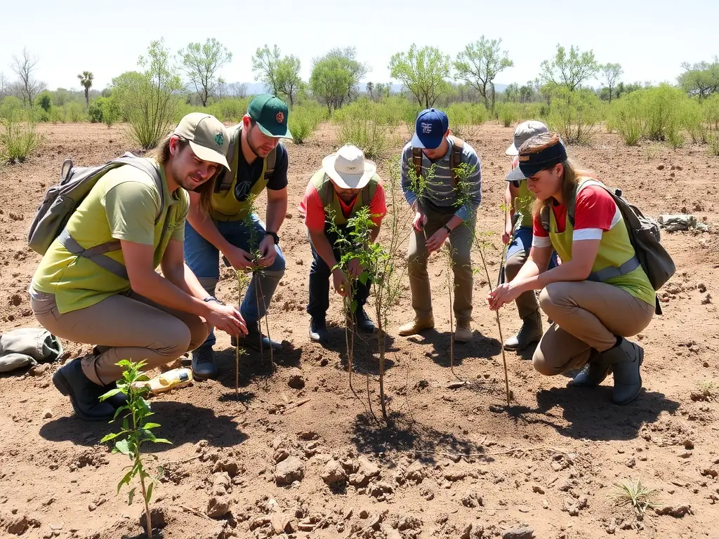 A photograph capturing a group of volunteers planting trees in a deforested area, illustrating habitat restoration efforts.