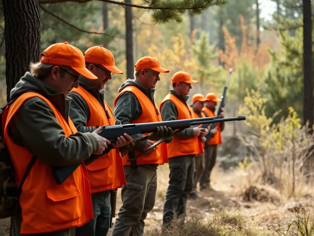 A group of hunters participating in a controlled hunt in a designated area, wearing appropriate safety gear and following ethical hunting practices, with a focus on sustainable wildlife management.