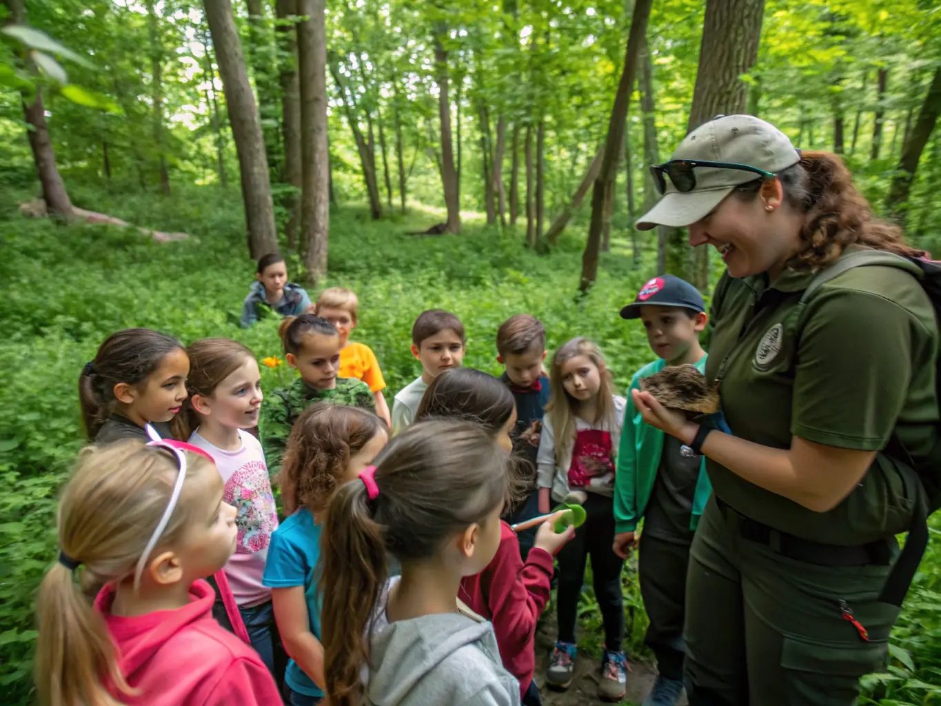 A photograph of a wildlife education workshop, with participants learning about local flora and fauna and the importance of conservation. The image should convey a sense of learning and community engagement.