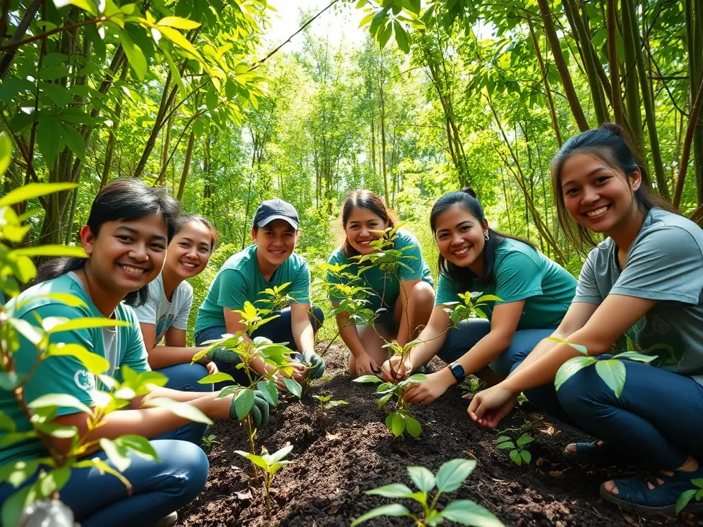 A photograph showcasing a wildlife habitat restoration project, with volunteers planting trees and improving the environment for local species. The image should highlight the positive impact of conservation efforts.
