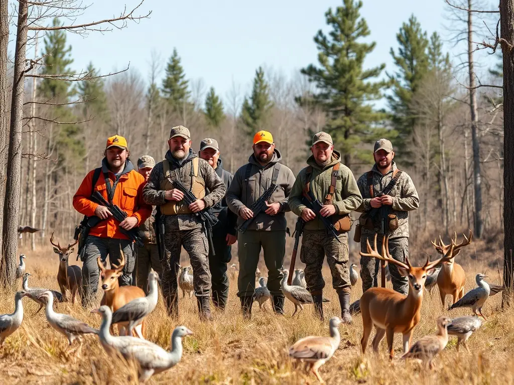 A photograph depicting a group of hunters participating in a controlled hunt, emphasizing ethical hunting practices and respect for wildlife. The image should convey a sense of responsibility and conservation.