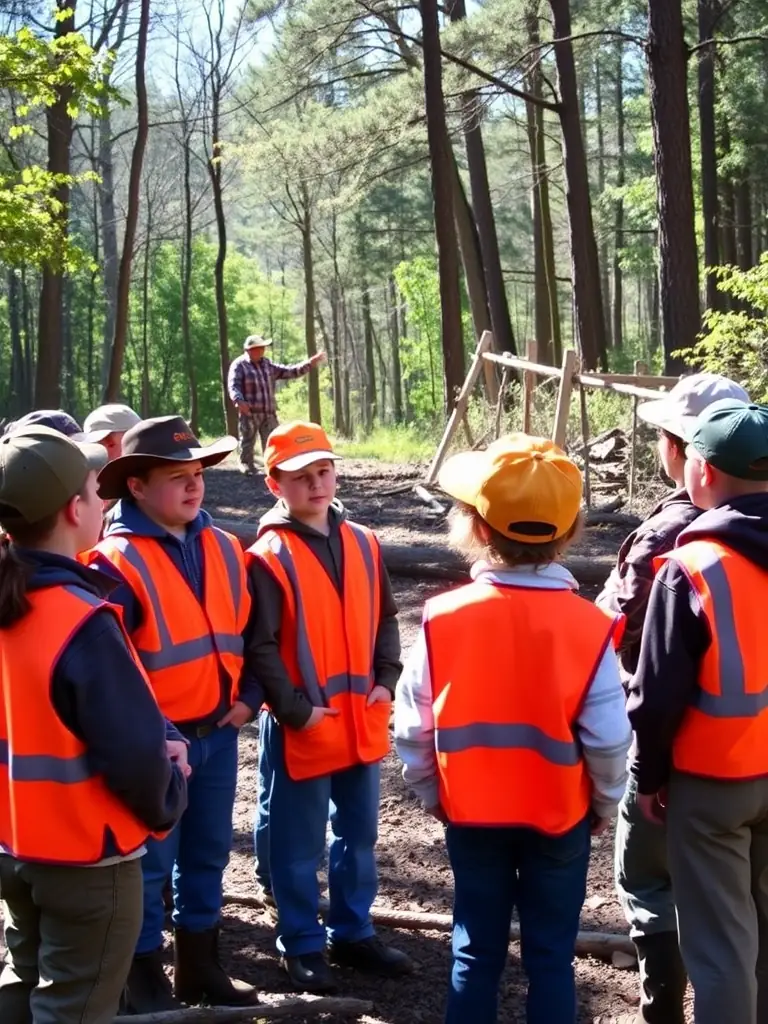 A photograph depicting a group of hunters participating in a supervised hunting activity in a controlled environment, emphasizing safety and ethical hunting practices.